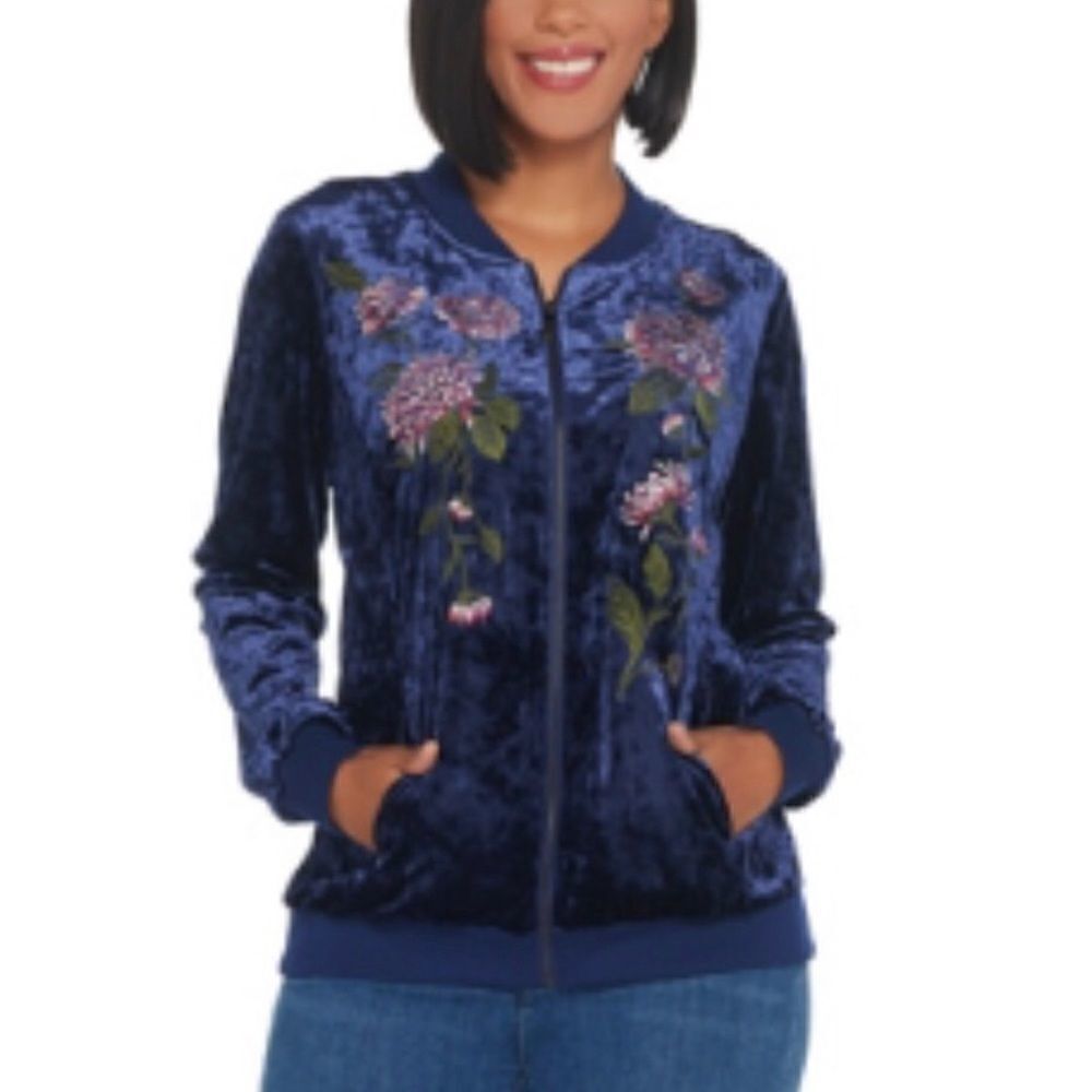 Belle by Kim Embroidered Panne Velvet Bombe Jacket